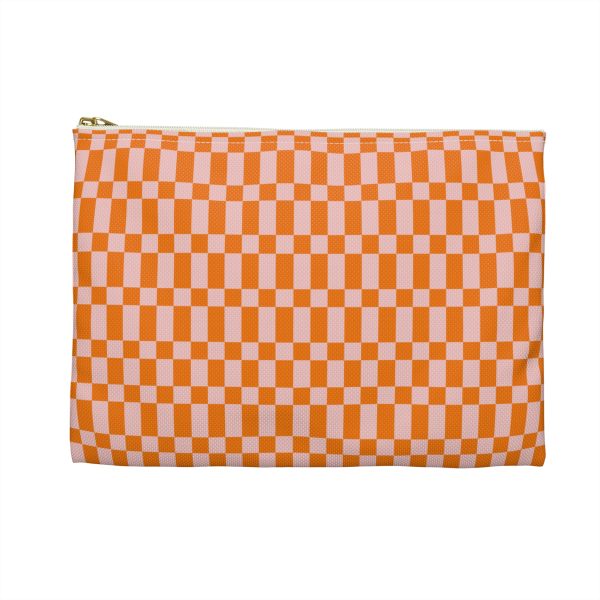 Checkered Accessory Pouch– Orange & Light Pink Zipper Bag for Makeup, Travel, or School Supplies - Image 2