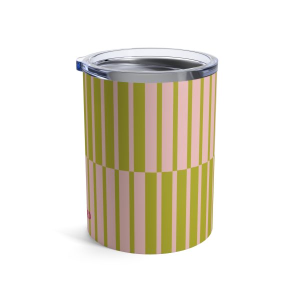 10oz Travel Tumbler– Light Pink & Green Multicolor Striped Steel Coffee Cup, Hot Cold Insulated Drinkware - Image 2