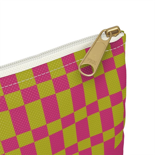 Checkered Accessory Pouch– Green & Pink Zipper Bag for Makeup, Travel, or School Supplies - Image 3