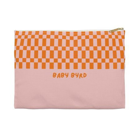 Checkered Accessory Pouch– Orange & Light Pink Zipper Bag for Makeup, Travel, or School Supplies
