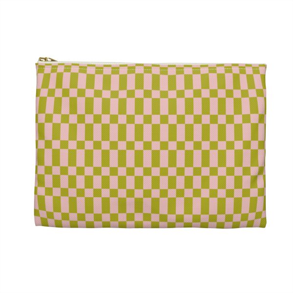 Checkered Accessory Pouch– Green & Light Pink Zipper Bag for Makeup, Travel, or School Supplies - Image 2