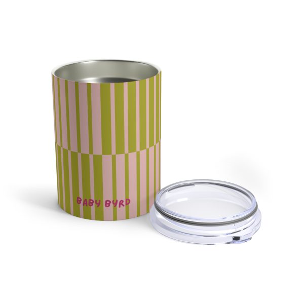 10oz Travel Tumbler– Light Pink & Green Multicolor Striped Steel Coffee Cup, Hot Cold Insulated Drinkware - Image 3