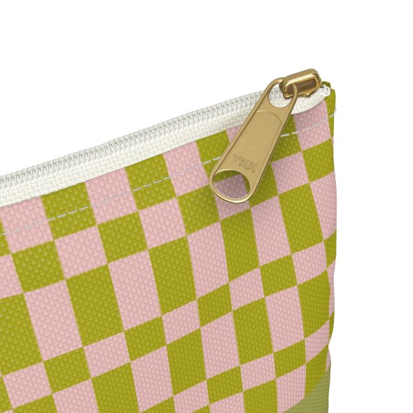 Checkered Accessory Pouch– Green & Light Pink Zipper Bag for Makeup, Travel, or School Supplies - Image 3