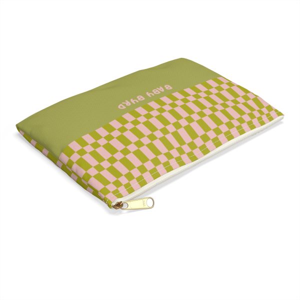 Checkered Accessory Pouch– Green & Light Pink Zipper Bag for Makeup, Travel, or School Supplies - Image 4