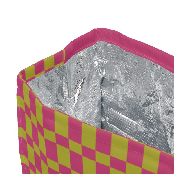Pink & Green Checkered Insulated Lunch Bag– Fold Over Tote with Magnetic Closure - Image 3