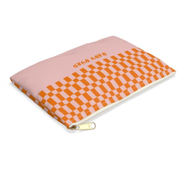 Checkered Accessory Pouch– Orange & Light Pink Zipper Bag for Makeup, Travel, or School Supplies - Image 4