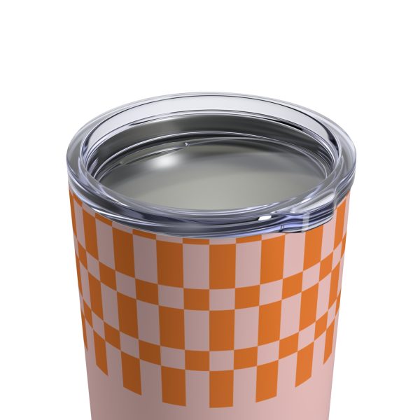 10oz Travel Tumbler– Orange & Light Pink Checkered Stainless Steel Coffee Cup, Hot Cold Insulated Drinkware - Image 4