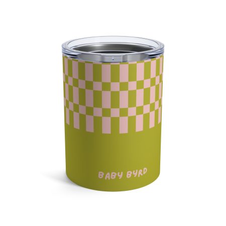 10oz Travel Tumbler– Green & Light Pink Checkered Stainless Steel Coffee Cup, Hot Cold Insulated Drinkware