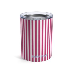 10oz Travel Tumbler— Pink & White Striped Stainless Steel Coffee Cup, Hot Cold Insulated Drinkware