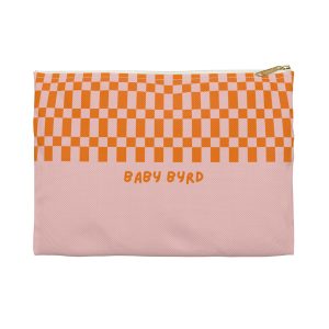 Checkered Accessory Pouch– Orange & Light Pink Zipper Bag for Makeup, Travel, or School Supplies
