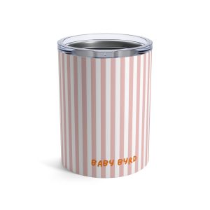 10oz Travel Tumbler– Light Pink & White Striped Stainless Steel Coffee Cup, Hot Cold Insulated Drinkware