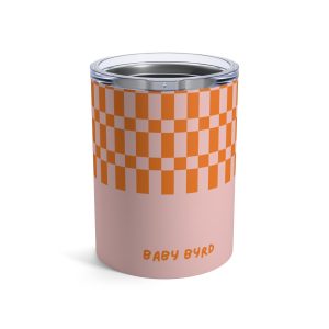 10oz Travel Tumbler— Orange & Light Pink Checkered Stainless Steel Coffee Cup, Hot Cold Insulated Drinkware