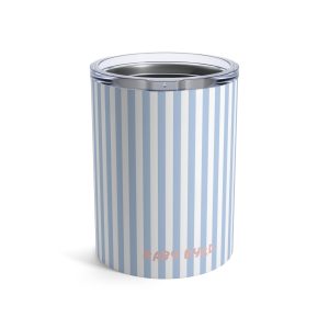 10oz Travel Tumbler— Blue & White Striped Stainless Steel Coffee Cup, Hot Cold Insulated Drinkware